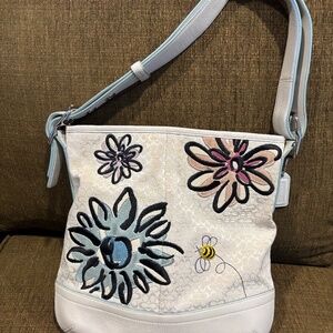 Coach white Crossbody w/Flowers & Bumblebee- Fabric and Leather combo